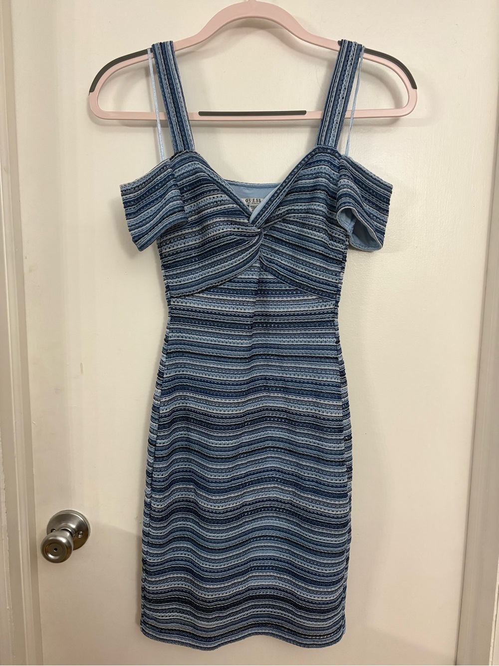 Guess Blue Striped Cold-Shoulder Knit Mini Dress